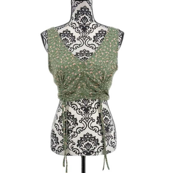 Iris Green Floral Ruched Crop Top Button Front Tank with Adjustable Ties - Picture 3 of 13